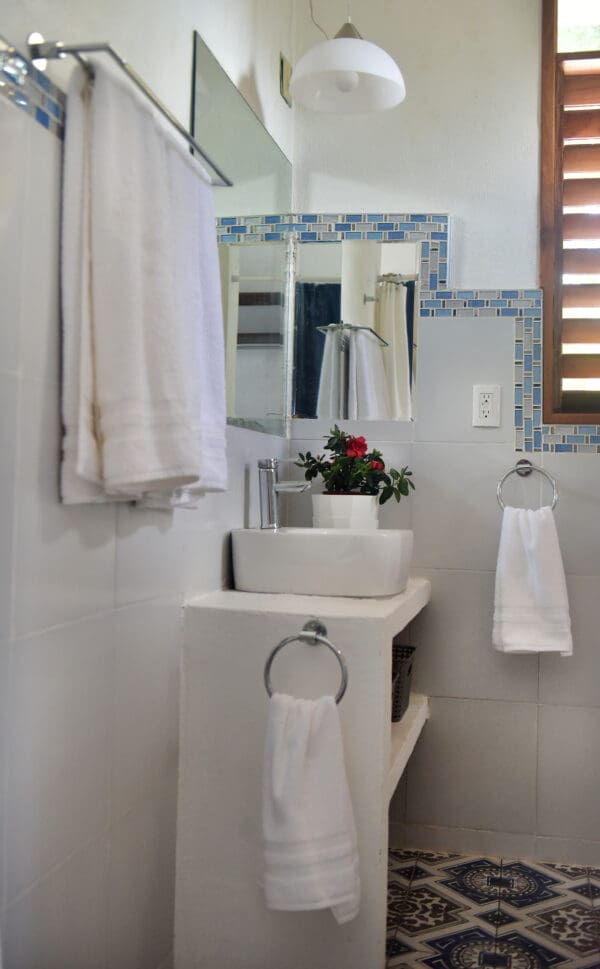 A bathroom with a sink, mirror and towel rack.