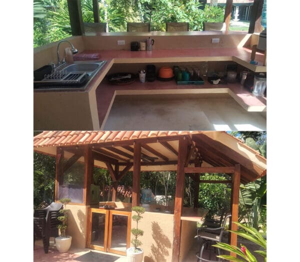 A collage of pictures showing the outside kitchen and outdoor dining area.