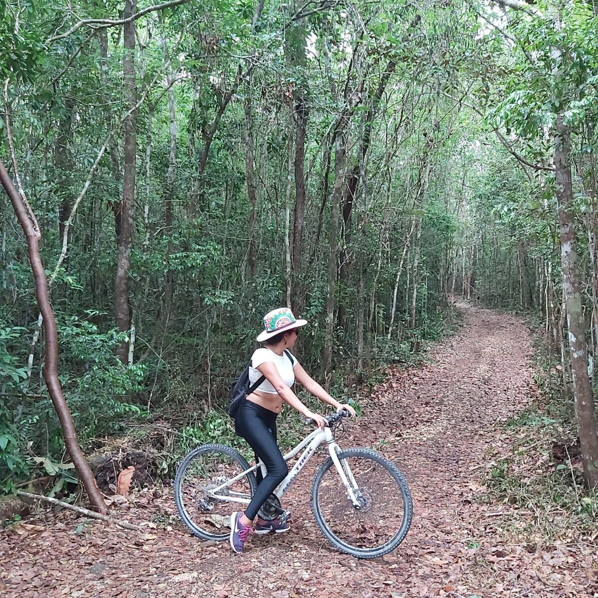 A woman riding her bike through the woods.